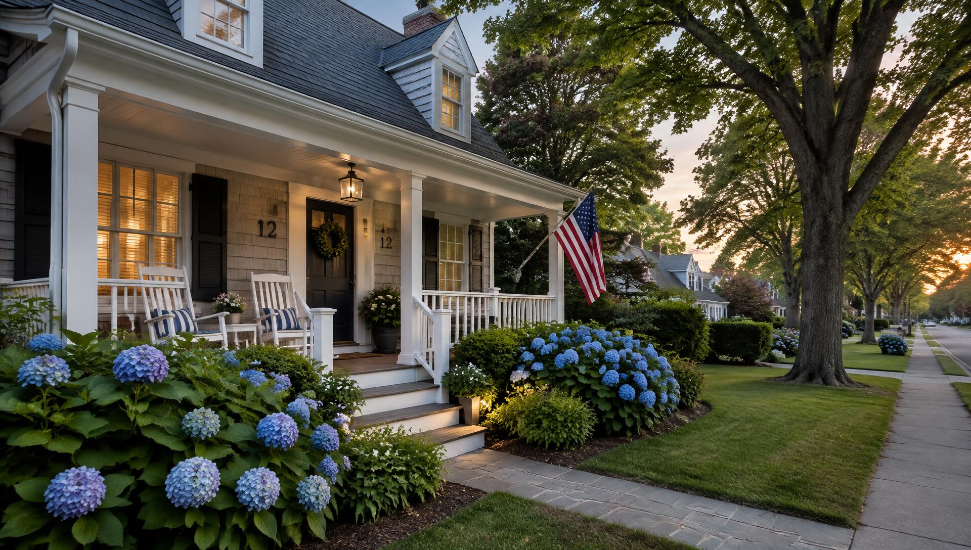 A cape cod front porch on a tree-lined street at dusk